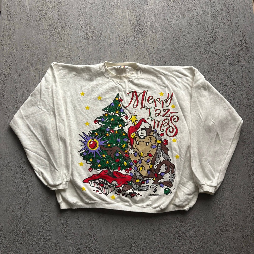 Vintage Merry Taz-mas Graphic Sweatshirt Unisex 1X White 1990s Looney Tunes